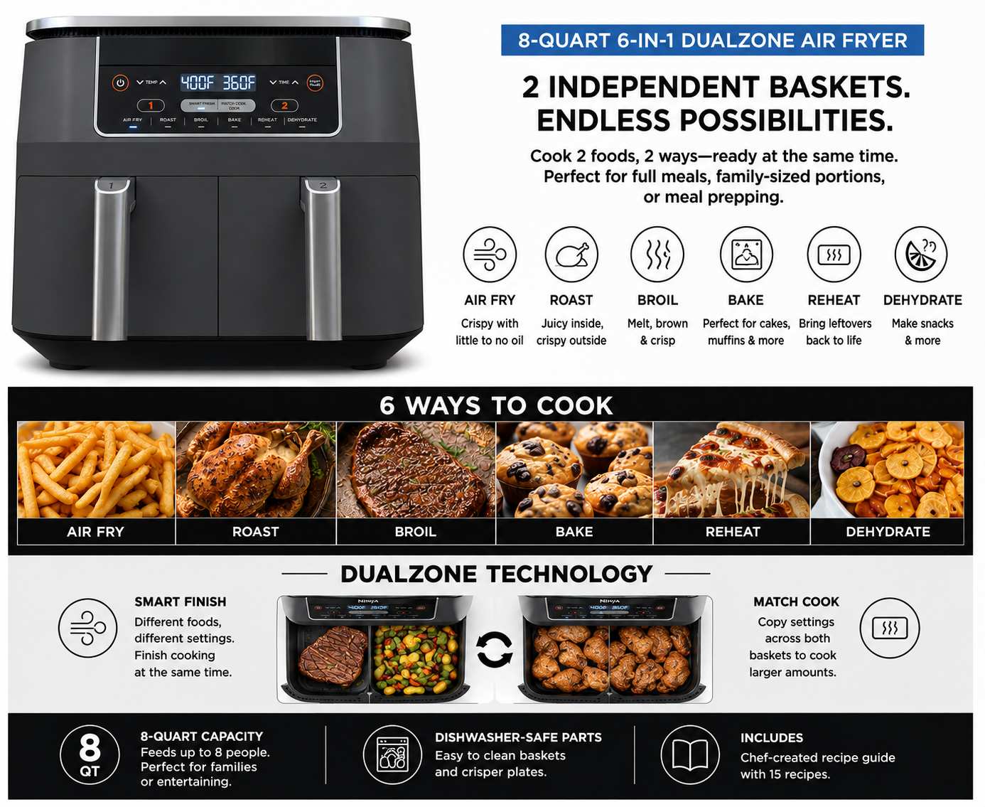 Ninja DZ201 Foodi 8 Quart 6-in-1 DualZone 2-Basket Air Fryer