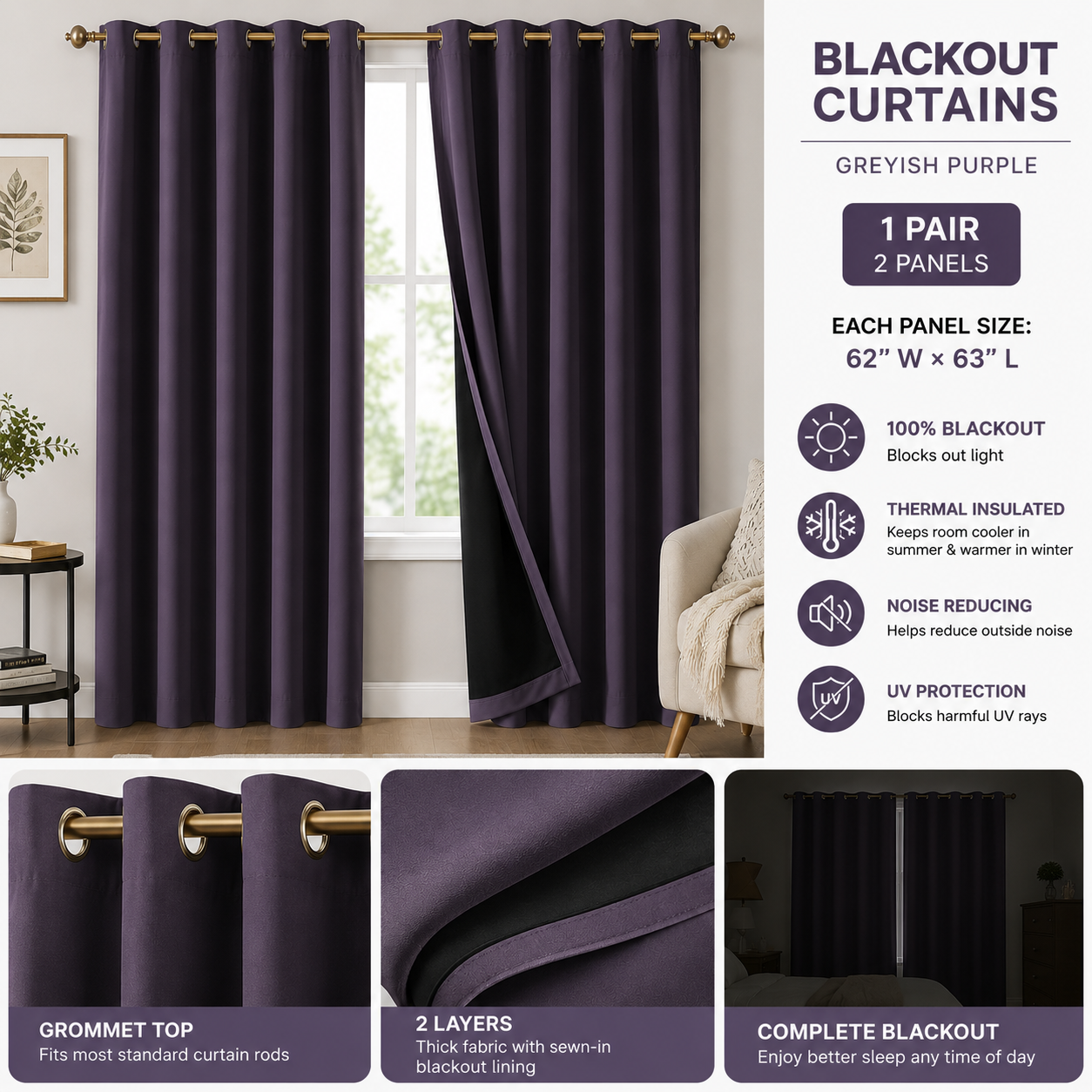NICETOWN 100% Blackout Lined Curtains – Greyish Purple